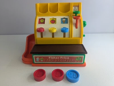 Caja registradora Fisher Price #926 vintage con monedas pegatina litografía en el árbol de dinero trasero Foto 1 de 4