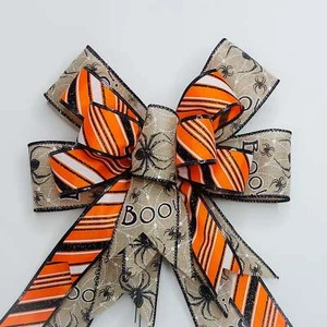 Streifen und schwarze Spides und Boo auf beige Halloween Schleife, Größe Medium - Bild 1 von 2