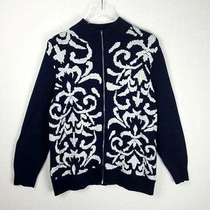 Chico's Zip Up Sweater Size 3 L Navy White Floral Print Long Sleeve Mock Neck - Bild 1 von 10