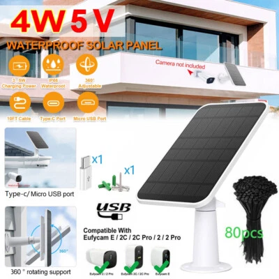 4W Solar Panel for Eufy Eufycam Cam E/2C/E/2 Pro Wall Mount W/ 9.8ft Power Cable - Image 1 of 4
