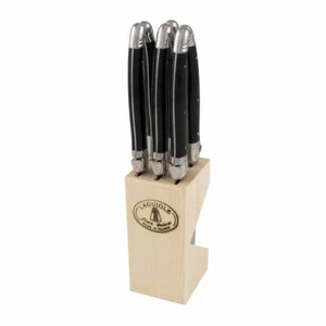 LAGUIOLE basic: Juego de cuchillos para carne, 6 piezas, acero inoxidable, asas negras, en bloque de madera - Imagen 1 de 3