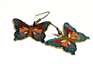 Vintage Earrings Enamel Gold Metal Butterfly Multicolour Dangle Drop - Picture 1 of 9