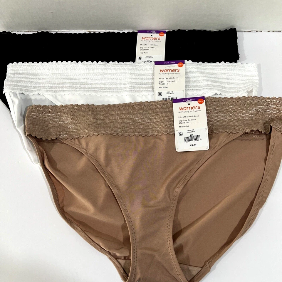 2 WARNERS 05509 200 NO PINCHING NO PROBLEMS LACE WAIST BIKINI PANTIES XL/8