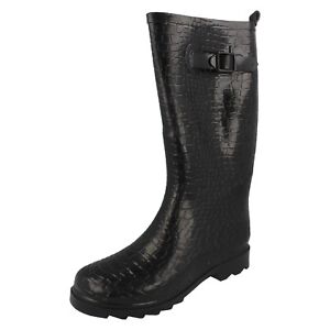 Ladies black rubber croc print wellington boot X1052