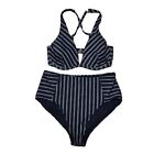 ATHLETA | Piha Navy French Stripe Bikini Plunge Top 32D/DD High Waist Bottom M