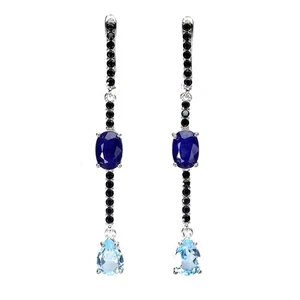 925 Sterling Silver Earrings Oval Sapphire Black Spinel Topaz Gemstone Jewelry - Picture 1 of 13