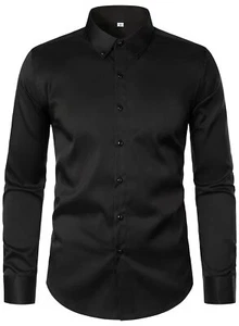 Men’s Long Sleeve Button Down Shirt Slim Fit Casual Solid Dress Shirts Black L - Picture 1 of 8