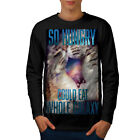 Wellcoda Hungry Galaxy Cat śmieszna męska koszulka z długim rękawem, czarna wzór graficzny