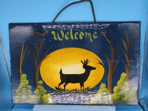 Hand-Painted 9 X 14 Slate Welcome Sign Leather Hang Strap Deer in Woods @ Night - Picture 1 of 10