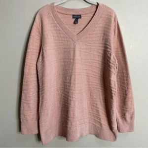 AnyBody Misty Rose Patterned Chenille Slouchy V-Neck Sweater With Trim Large - Picture 1 of 10