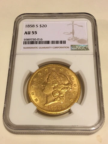 1858-S AU55 NGC Liberty Double Eagle $20 Gold Coin great eye appeal PQ (no PCGS) Cover