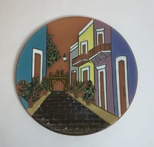 Vintage Redware Enameled Art Pottery Terracotta Plate Village Scene Jove Signed - Picture 1 of 8