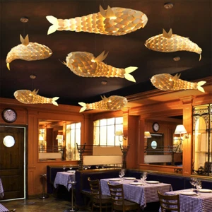 Large Fish-Shaped Wooden Ceiling Pendant Light Chandelier Lamp Hanging Fixtures - Picture 1 of 24