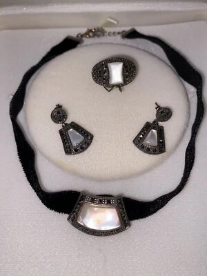 *Raro* Juego de aretes colgantes gargantilla madreperla 925 de marcasita talla 8 Foto 1 de 4