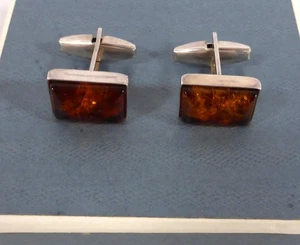 Pair of Vintage Sterling Silver 925 Amber Rectangular Stone Cufflinks - Picture 1 of 7