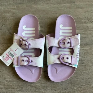 JUSTICE Girls' Size 1 Purple Buckle Strap Slide On Sandals, Cork Footbed - Picture 1 of 6
