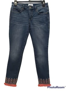 Crown And Ivy Jeans Womens 2 Blue Denim Skinny Leg Pom Pom Trim Stretch NWOT - Picture 1 of 7
