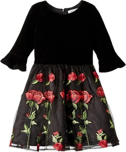 US Angels Girl's 3/4 Bell Sleeve Velvet Bodice Dress Embroidered Skirt. Size 3T - Picture 1 of 10