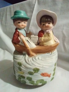 Vintage Old Ceramic Music Box Boy Girl Boat Fish Lily Pads pond Works Great! - Picture 1 of 12