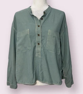 Everlane 100% Silk Henley Blouse Green Long Sleeve Button Front Size 12 Shirt - Picture 1 of 9