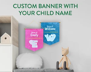 Einzigartiges Banner mit Kindernamen, niedlicher Tierstil, 12x17"/30x42 cm, Made in EU - Bild 1 von 6
