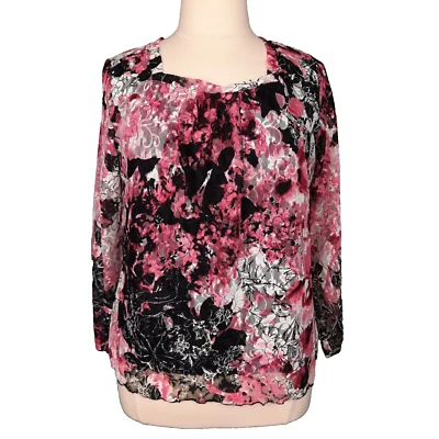 Christopher & Banks Mesh Top Womens XL Petite Black Pink Floral Whimsigoth Boho - Image 1 of 4