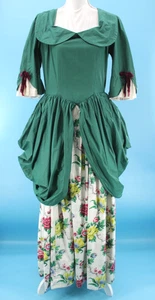 Vtg Women's 50s Green & White Floral Print 1700s Style Dress Sz M/L 1950s - Picture 1 of 20