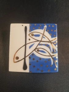 Fish Blue White Gold  Art Pottery Tile Trivet  Decor Abstract Broc Pin Clip  - Picture 1 of 11