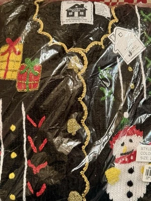 Novo com etiquetas livro de histórias malhas 2X cardigã de Natal suéter pacotes árvores sinos dourados - Imagem 1 de 4