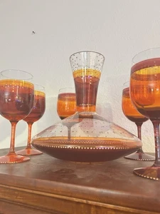 Bohemian glass mid-century modern wine decanter with five matching glasses - Picture 1 of 4
