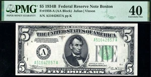 1934B $5 Boston Federal Reserve Note FRN • 1958-A • PMG 40 *Rare - Picture 1 of 2