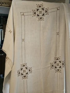 Vntg Linen tablecloth hand embroidered Venice Italy 104x65 Ivory & 9 Napkins - Picture 1 of 13