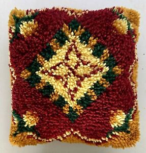 Vtg Crochet Square Decorative Pillow Boho Handmade Ornate Red Yellow Green Gold
