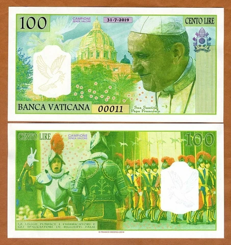 Vatican, 100 Lire, 2019-2022 Private Issue Kamberra UNC Pope Francis Swiss Guard Cover
