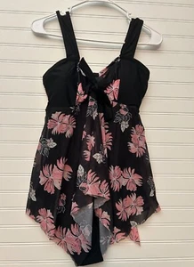 Camiseta de natación Tankini para mujer L negra rosa floral con volantes fluida nueva sin etiquetas - Imagen 1 de 6