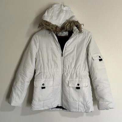 KC Collections Women's L Jacket White Hood Faux Fur Wind Rain Puffer Coat - Image 1 of 4