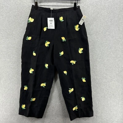 Talbots 100% Irish Linen Pants Women's Size 10 Black Lemon Embroidered NWT - Image 1 of 4