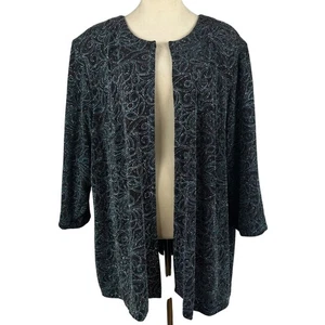 Alex Evenings Women's XL Open Front Cardigan Blazer Sparkle Black Teal Paisley - Picture 1 of 12