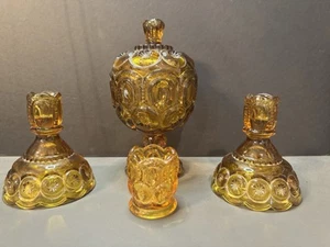 VTG L. E. Smith Moon & Star Amber Pedestal Compote W/ Lid~2 Candle Holders 5 Pc - Picture 1 of 16