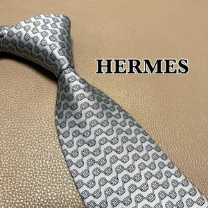 HERMES Necktie Tie Light Gray Made in France Geometric 100% Silk Authentic Men's - Picture 1 of 10