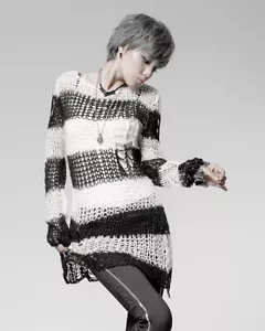 Maglione Punk Rave Gothic Grunge Triturato a maglia nero a righe bianche effetto invecchiato - Foto 1 di 7