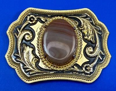 Cabujón de ágata marrón piedra curativa cabina en color dorado y negro hebilla de cinturón vintage Foto 1 de 4