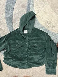 American Eagle Cord Cropped Jacke mit Knopfleiste dunkelgrün mit Kapuze Gr. L neu ohne Etikett - Bild 1 von 6