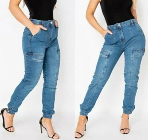 Women's High Waist Cargo Denim Joggers Trousers Jeans Casual Long Pants Bottoms - Picture 1 of 11