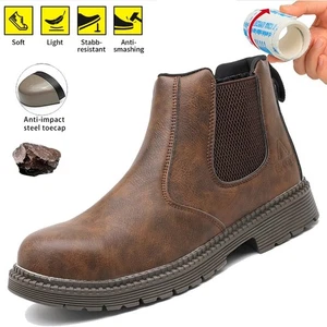 Mens Leather Safety Boots High Top Steel Toe Work Boots Pull On Waterproof Shoes - Picture 1 of 25