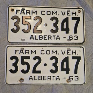 PAIR 1963 Alberta Farm Commercial Vehicle License Plates 352-347 (Farm Truck) - Picture 1 of 2