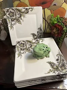 Tabletops Gallery Angela Green Embossed Paisley 7 Square Dinner Plates 10 1/2" - Picture 1 of 20