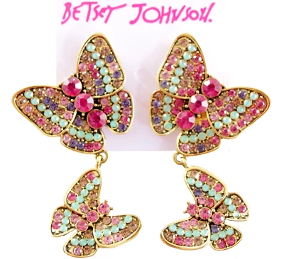 2.5" NUEVOS PENDIENTES COLGANTES BETSEY JOHNSON DOBLE CRISTAL MARIPOSA ESTRÁS Foto 1 de 4