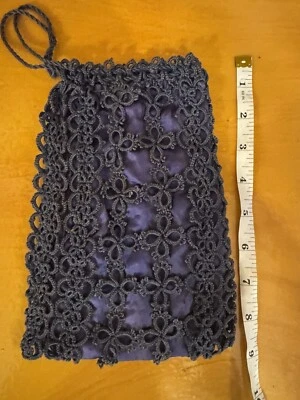 Edwardian Navy Crochet Reticule Purse Drawstring RARE ORIGINAL SILK LINING 1900s - Image 1 of 4