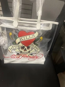 VTG Don Ed Hardy Oversized white "Love Kills Slowly" Shoulder Bag Tote Purse 17" - Picture 1 of 4